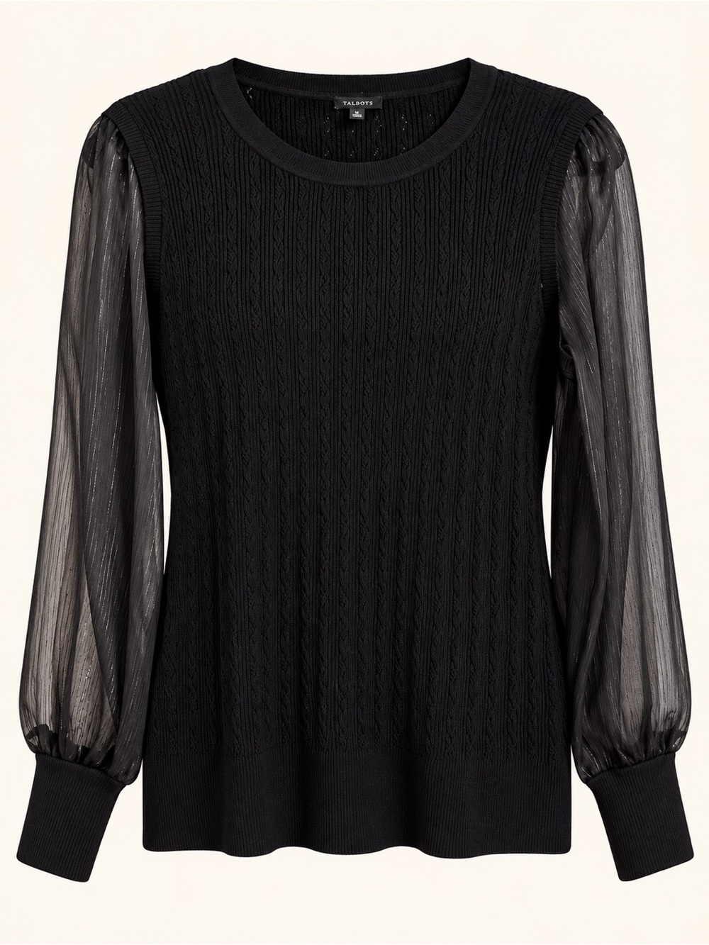 Talbots Black Cable Knit Sweater Sheer Metallic Sleeves Size M